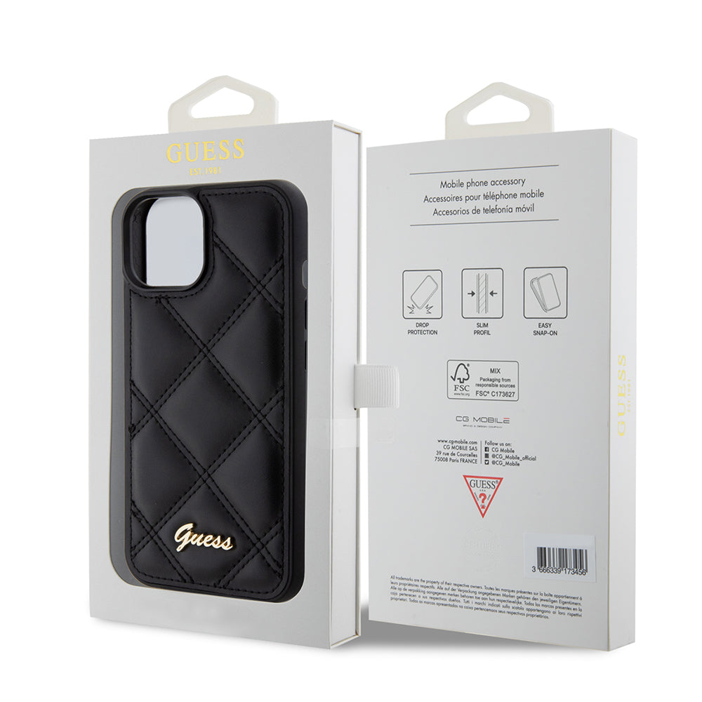 Kotelo Apple iPhone 15:lle, Guess, Quilted Metal Logo, Musta