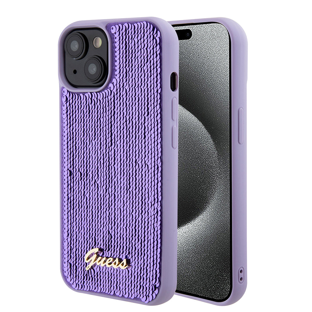Kotelo Apple iPhone 15:lle, Guess, Sequin Script Metal, Violetti