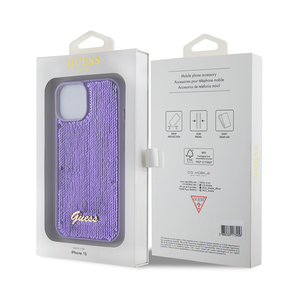 Kotelo Apple iPhone 15:lle, Guess, Sequin Script Metal, Violetti