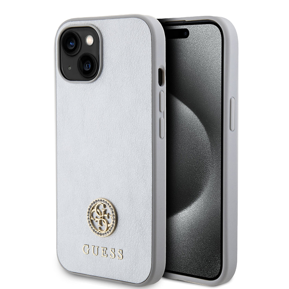 Kotelo Apple iPhone 15:lle, Guess, Strass Metal Logo, Hopeanvärinen