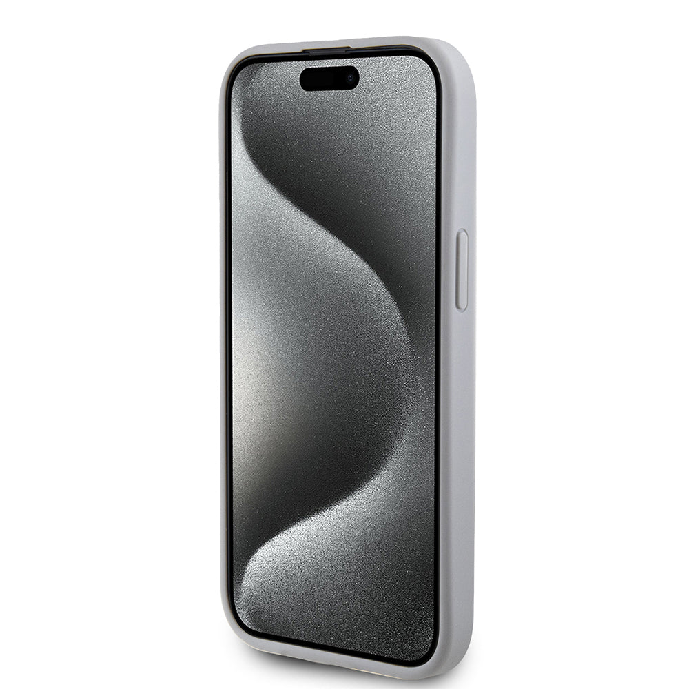 Kotelo Apple iPhone 15:lle, Guess, Strass Metal Logo, Hopeanvärinen