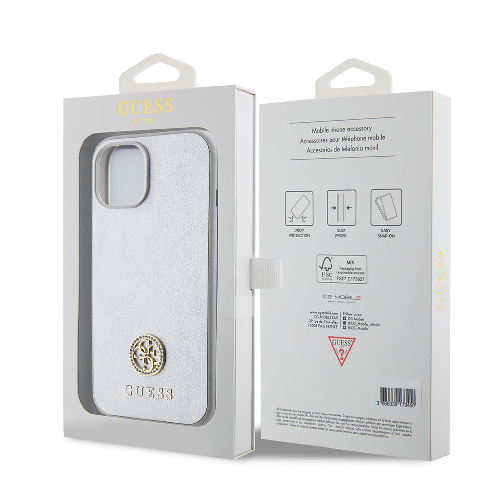 Kotelo Apple iPhone 15:lle, Guess, Strass Metal Logo, Hopeanvärinen