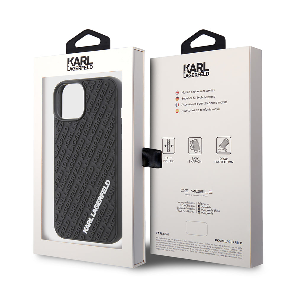 Kotelo Apple iPhone 15:lle, Karl Lagerfeld, 3D Rubber Multi Logo, Musta