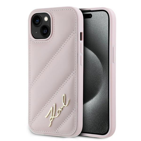 Case for Apple iPhone 15, Karl Lagerfeld, Diagonal Quilted Script, Pink