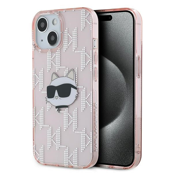 Kotelo Apple iPhone 15:lle, Karl Lagerfeld, IML Luxury Monogram Choupette's Head, Pinkki