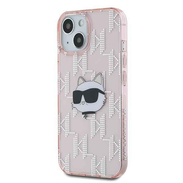 Kotelo Apple iPhone 15:lle, Karl Lagerfeld, IML Luxury Monogram Choupette's Head, Pinkki