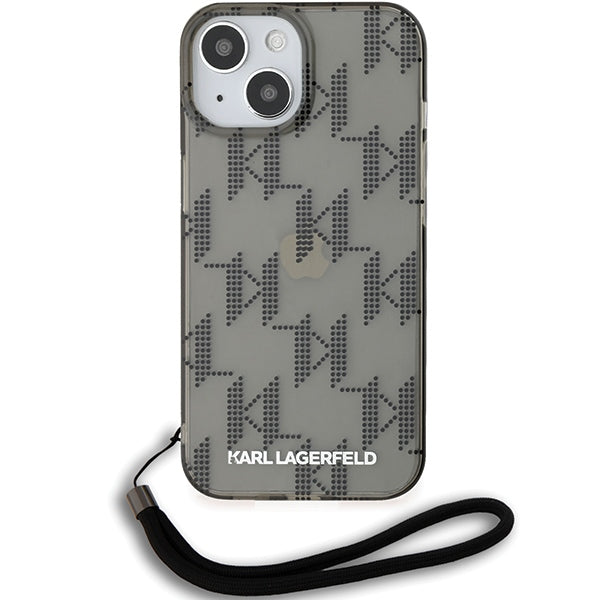 Kotelo Apple iPhone 15:lle, Karl Lagerfeld, IML Luxury Monogram KL -kuviolla ja hihnalla, Musta
