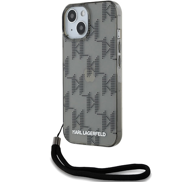 Kotelo Apple iPhone 15:lle, Karl Lagerfeld, IML Luxury Monogram KL -kuviolla ja hihnalla, Musta