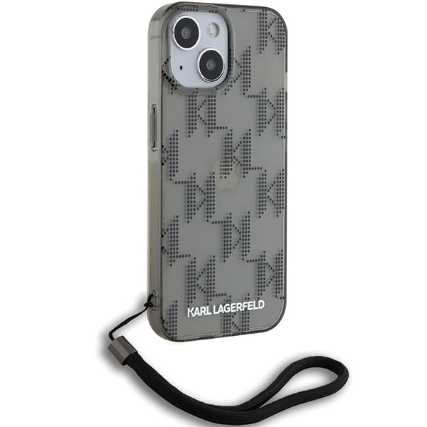 Kotelo Apple iPhone 15:lle, Karl Lagerfeld, IML Luxury Monogram KL -kuviolla ja hihnalla, Musta