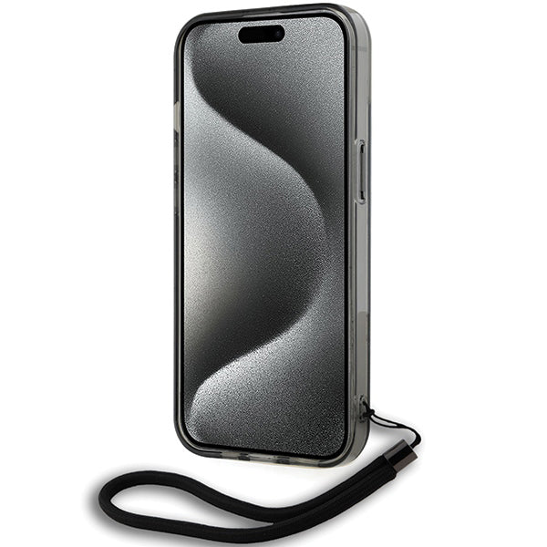 Kotelo Apple iPhone 15:lle, Karl Lagerfeld, IML Luxury Monogram KL -kuviolla ja hihnalla, Musta