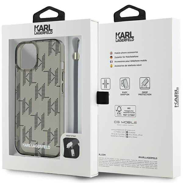 Kotelo Apple iPhone 15:lle, Karl Lagerfeld, IML Luxury Monogram KL -kuviolla ja hihnalla, Musta