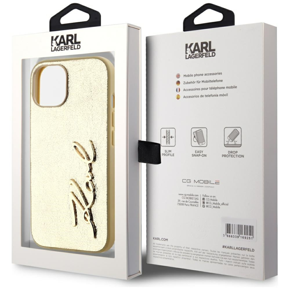 Kotelo Apple iPhone 15:lle, Karl Lagerfeld, Metal Signature, Kultainen