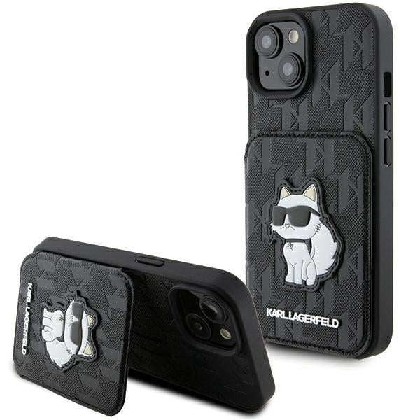 Kotelo Apple iPhone 15:lle, Karl Lagerfeld, Saffiano-korttipaikat ja teline Monogram Choupette, Musta