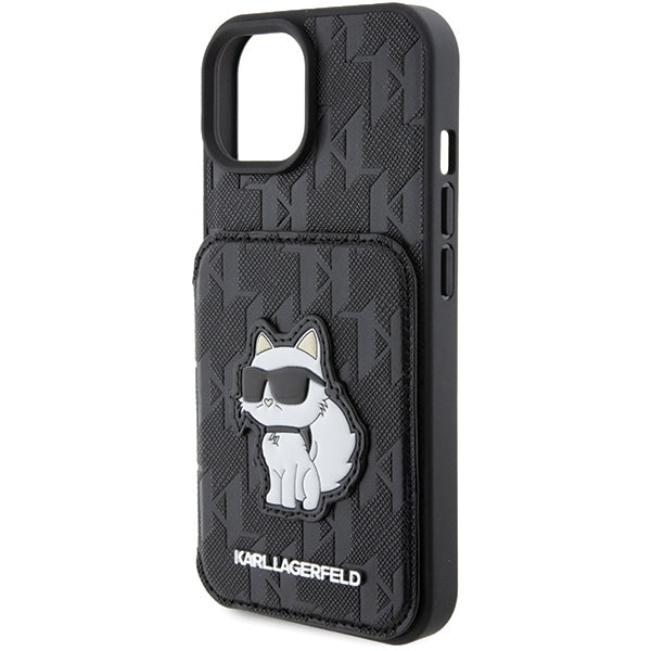 Kotelo Apple iPhone 15:lle, Karl Lagerfeld, Saffiano-korttipaikat ja teline Monogram Choupette, Musta