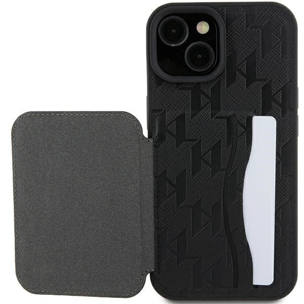 Kotelo Apple iPhone 15:lle, Karl Lagerfeld, Saffiano-korttipaikat ja teline Monogram Choupette, Musta