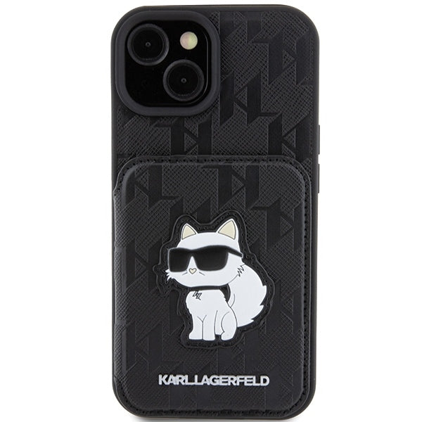 Kotelo Apple iPhone 15:lle, Karl Lagerfeld, Saffiano-korttipaikat ja teline Monogram Choupette, Musta