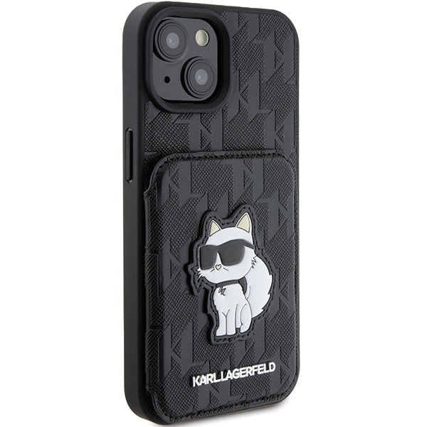 Kotelo Apple iPhone 15:lle, Karl Lagerfeld, Saffiano-korttipaikat ja teline Monogram Choupette, Musta