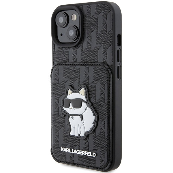 Kotelo Apple iPhone 15:lle, Karl Lagerfeld, Saffiano-korttipaikat ja teline Monogram Choupette, Musta