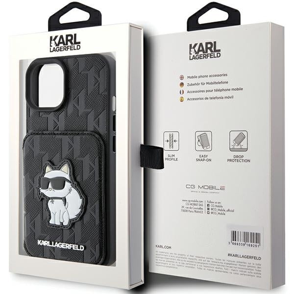 Kotelo Apple iPhone 15:lle, Karl Lagerfeld, Saffiano-korttipaikat ja teline Monogram Choupette, Musta