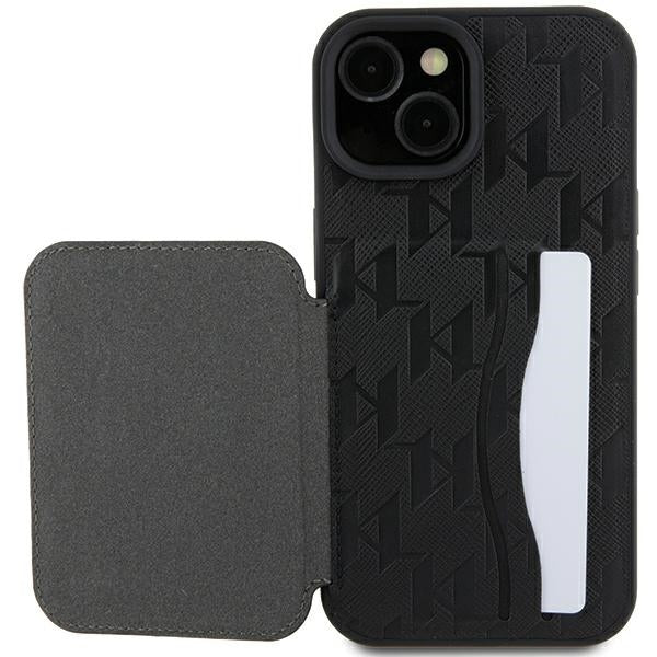 Suojakotelo Apple iPhone 15:lle, Karl Lagerfeld, Saffiano Cardslots and Stand Monogram Ikonik Karl, Musta