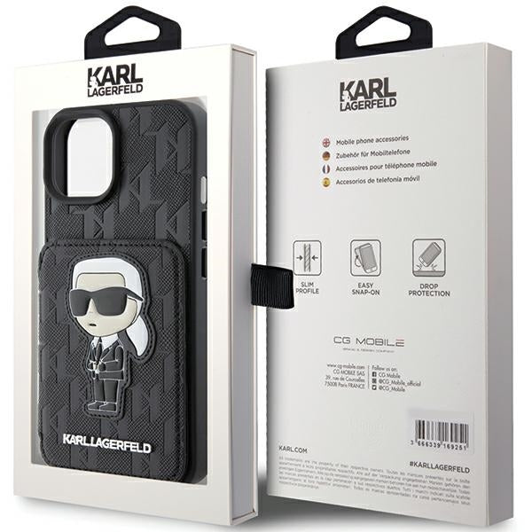 Suojakotelo Apple iPhone 15:lle, Karl Lagerfeld, Saffiano Cardslots and Stand Monogram Ikonik Karl, Musta