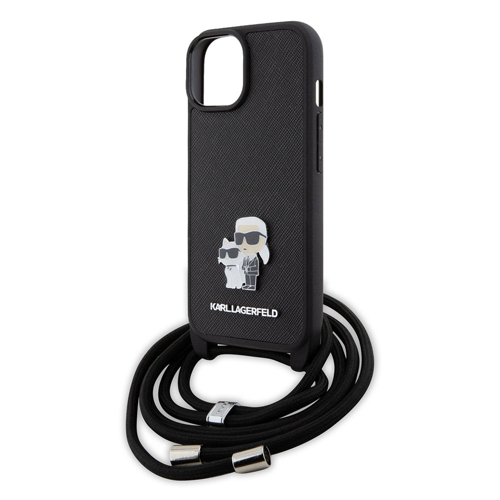 Kotelo Apple iPhone 15:lle, Karl Lagerfeld, Saffiano Crossbody Metal Pin Karl & Choupette, Musta