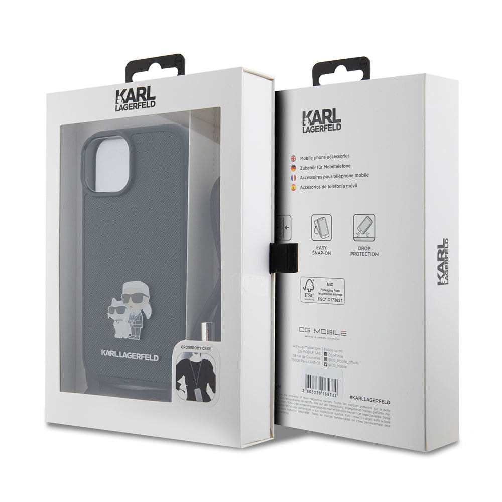Kotelo Apple iPhone 15:lle, Karl Lagerfeld, Saffiano Crossbody Metal Pin Karl & Choupette, Musta