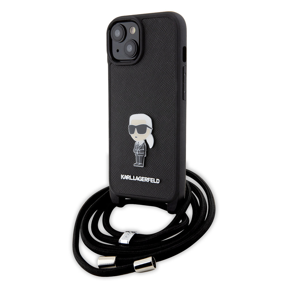 Kotelo Apple iPhone 15:lle, Karl Lagerfeld, Saffiano Crossbody Monogram Metal Pin Karl, Musta