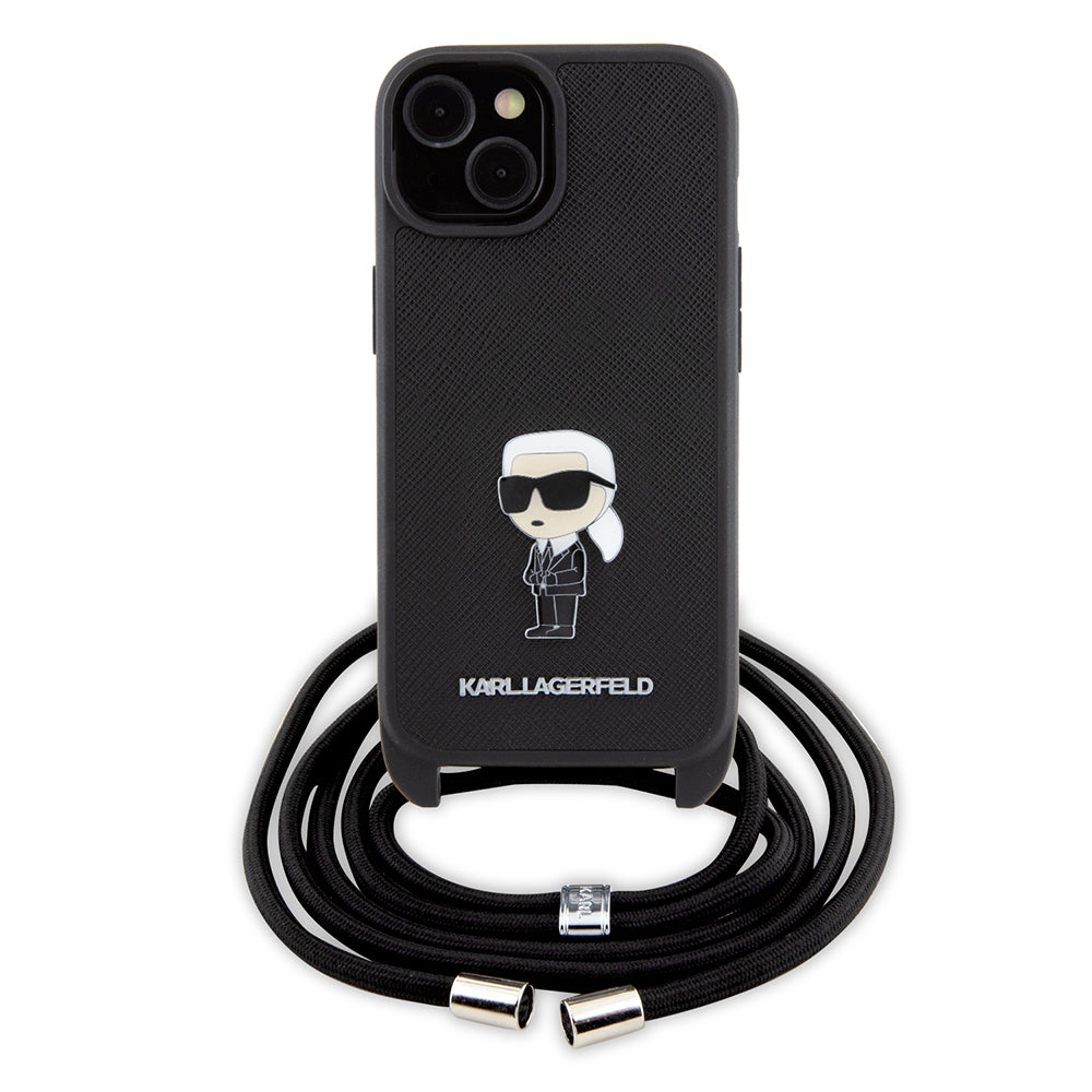 Kotelo Apple iPhone 15:lle, Karl Lagerfeld, Saffiano Crossbody Monogram Metal Pin Karl, Musta