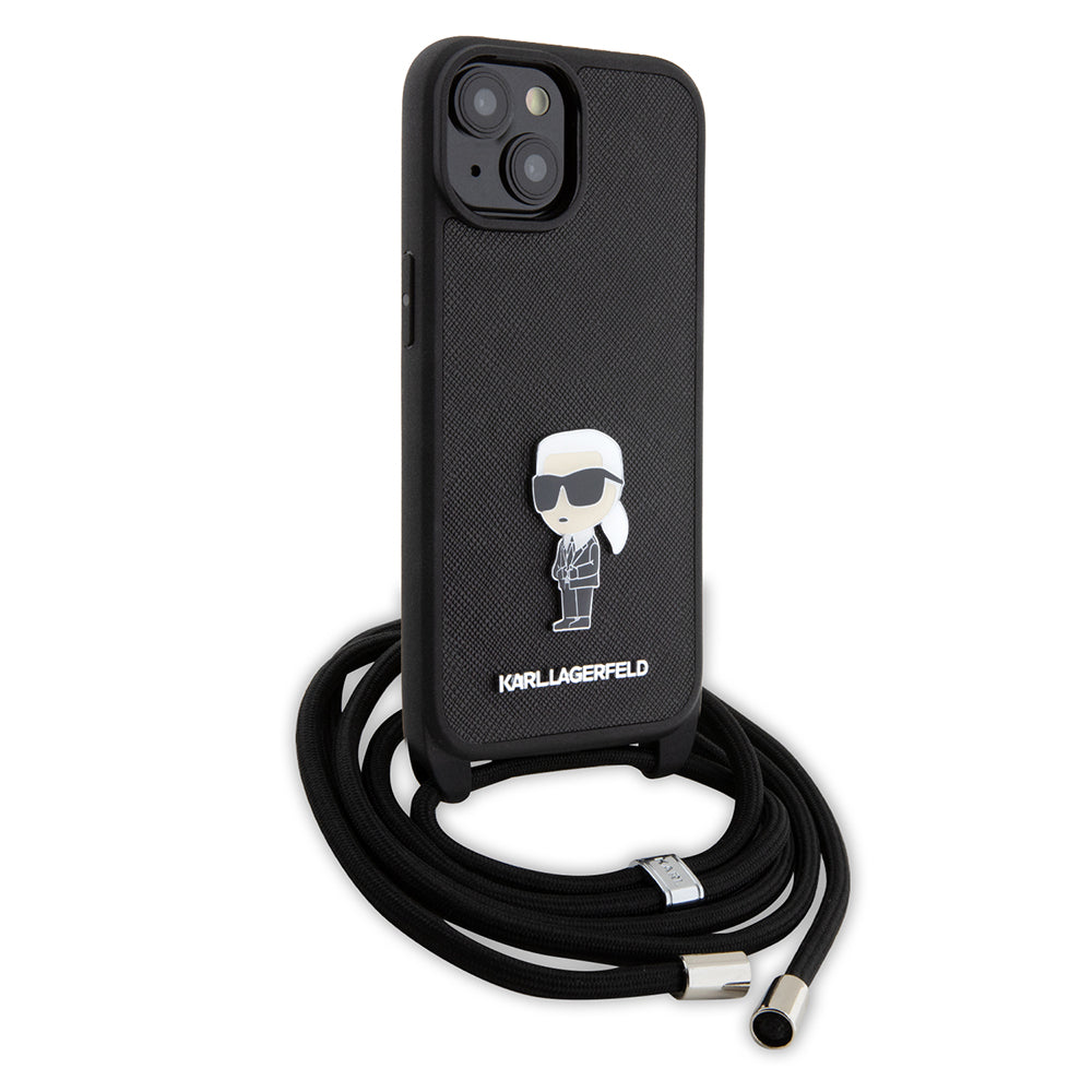 Kotelo Apple iPhone 15:lle, Karl Lagerfeld, Saffiano Crossbody Monogram Metal Pin Karl, Musta