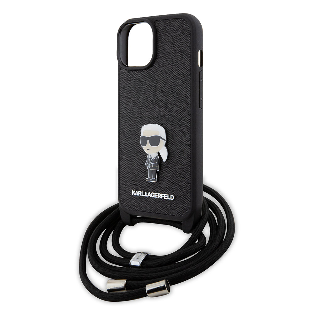 Kotelo Apple iPhone 15:lle, Karl Lagerfeld, Saffiano Crossbody Monogram Metal Pin Karl, Musta
