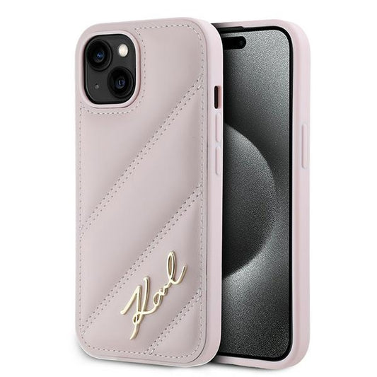 Kotelo Apple iPhone 15 Plus, Karl Lagerfeld, Diagonal Quilted Script, Pinkki