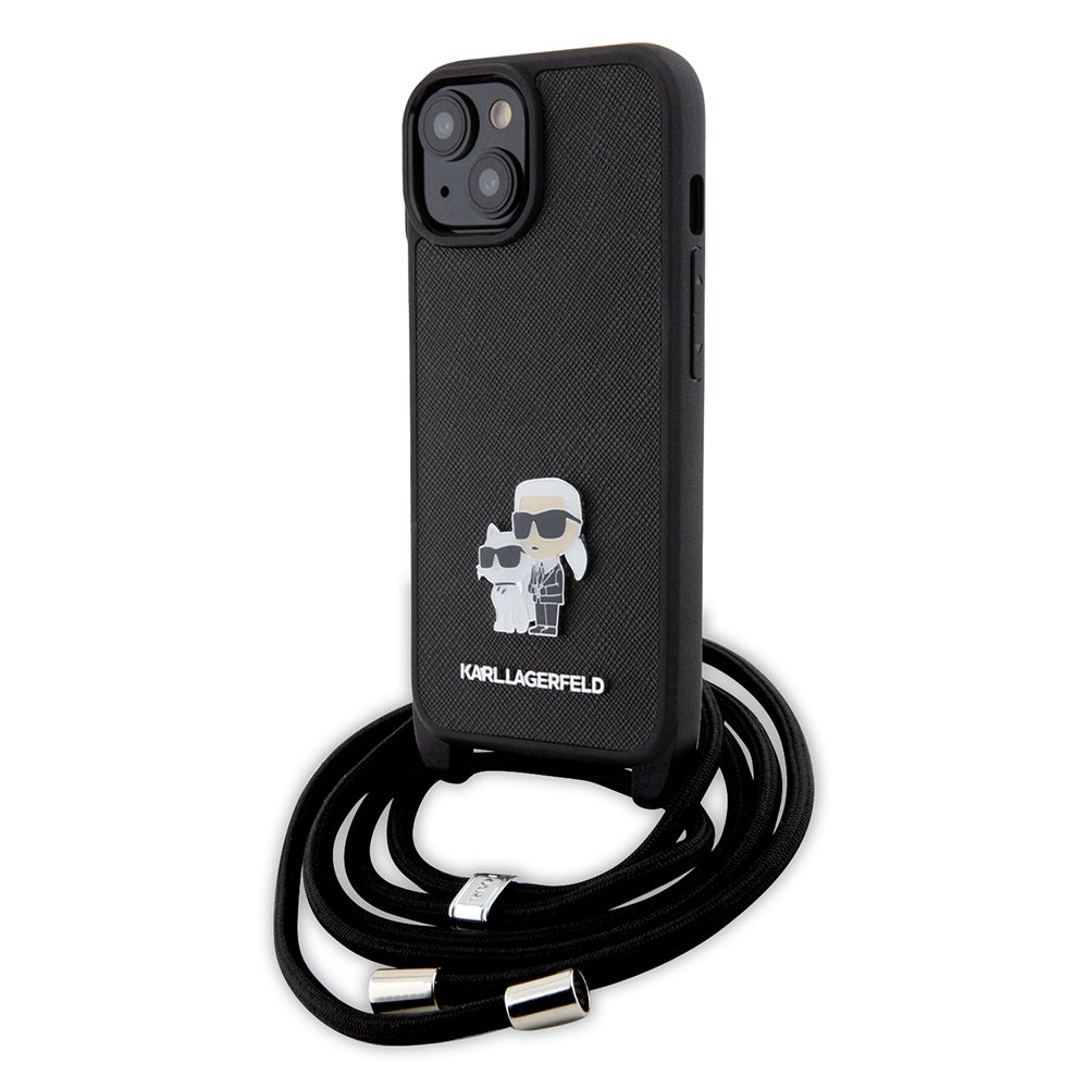 Kotelo Apple iPhone 15 Plus:lle, Karl Lagerfeld, Saffiano Crossbody Metal Pin Karl & Choupette, Musta