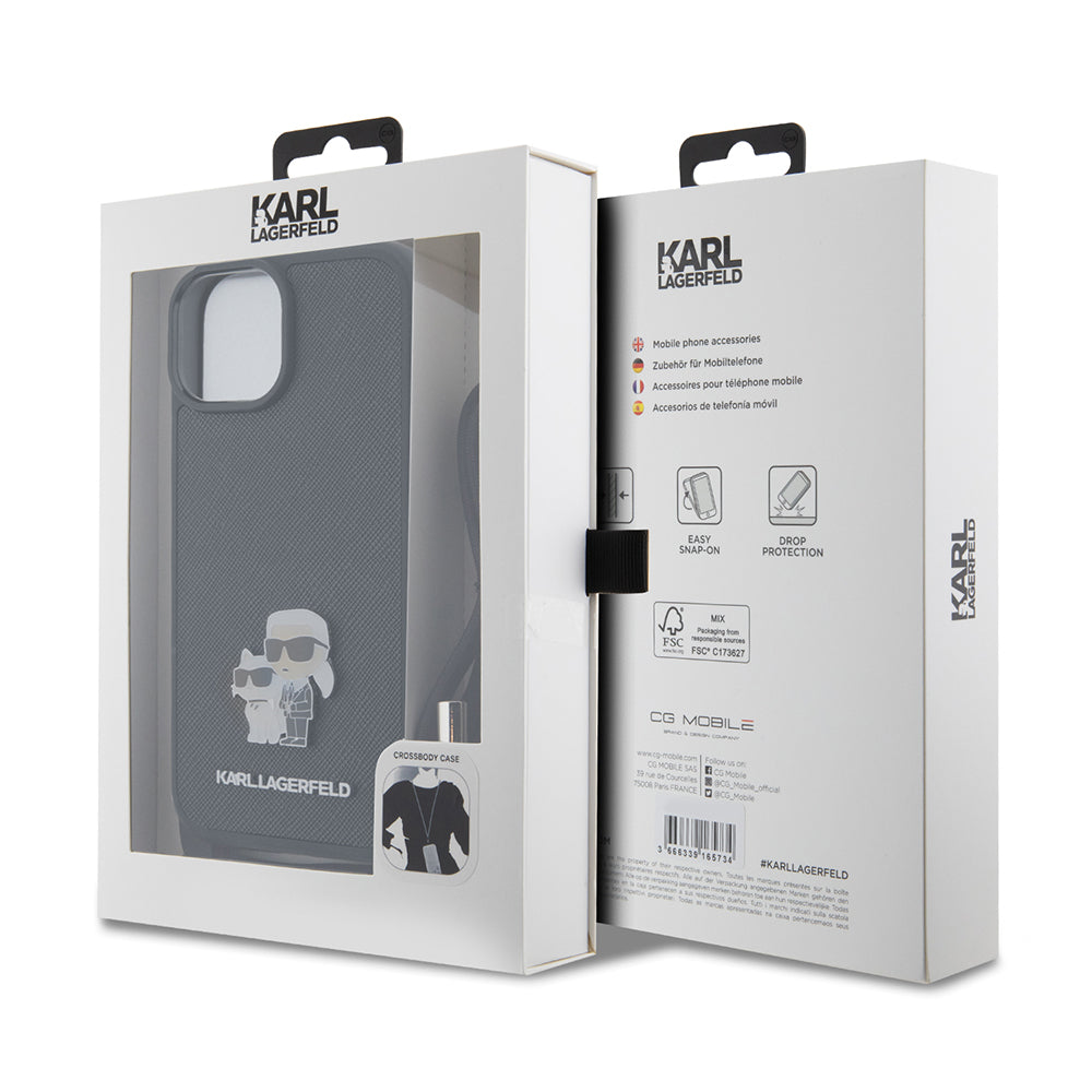 Kotelo Apple iPhone 15 Plus:lle, Karl Lagerfeld, Saffiano Crossbody Metal Pin Karl & Choupette, Musta