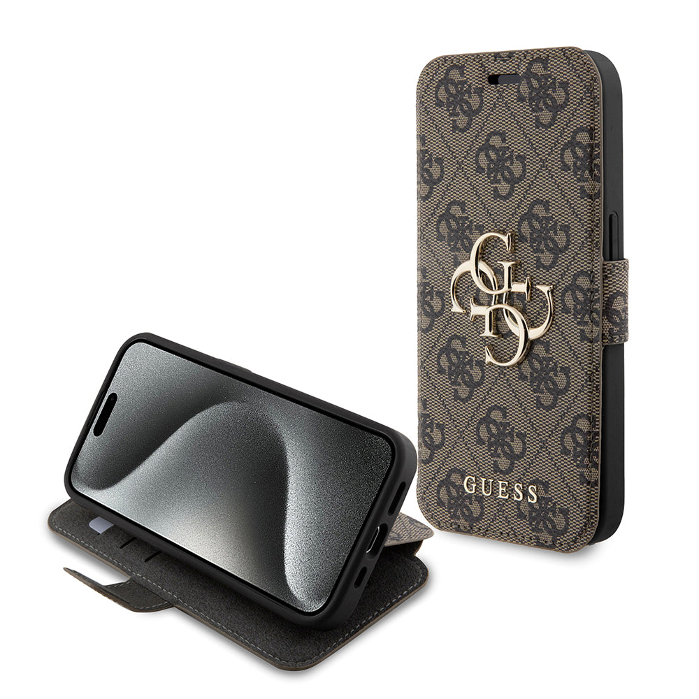 Suojakotelo Apple iPhone 15 Prolle, Guess, 4G Book, Ruskea