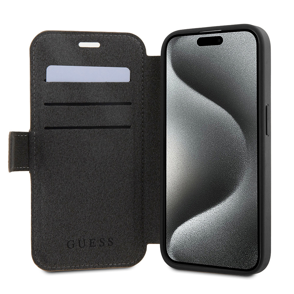 Suojakotelo Apple iPhone 15 Prolle, Guess, 4G Book, Ruskea