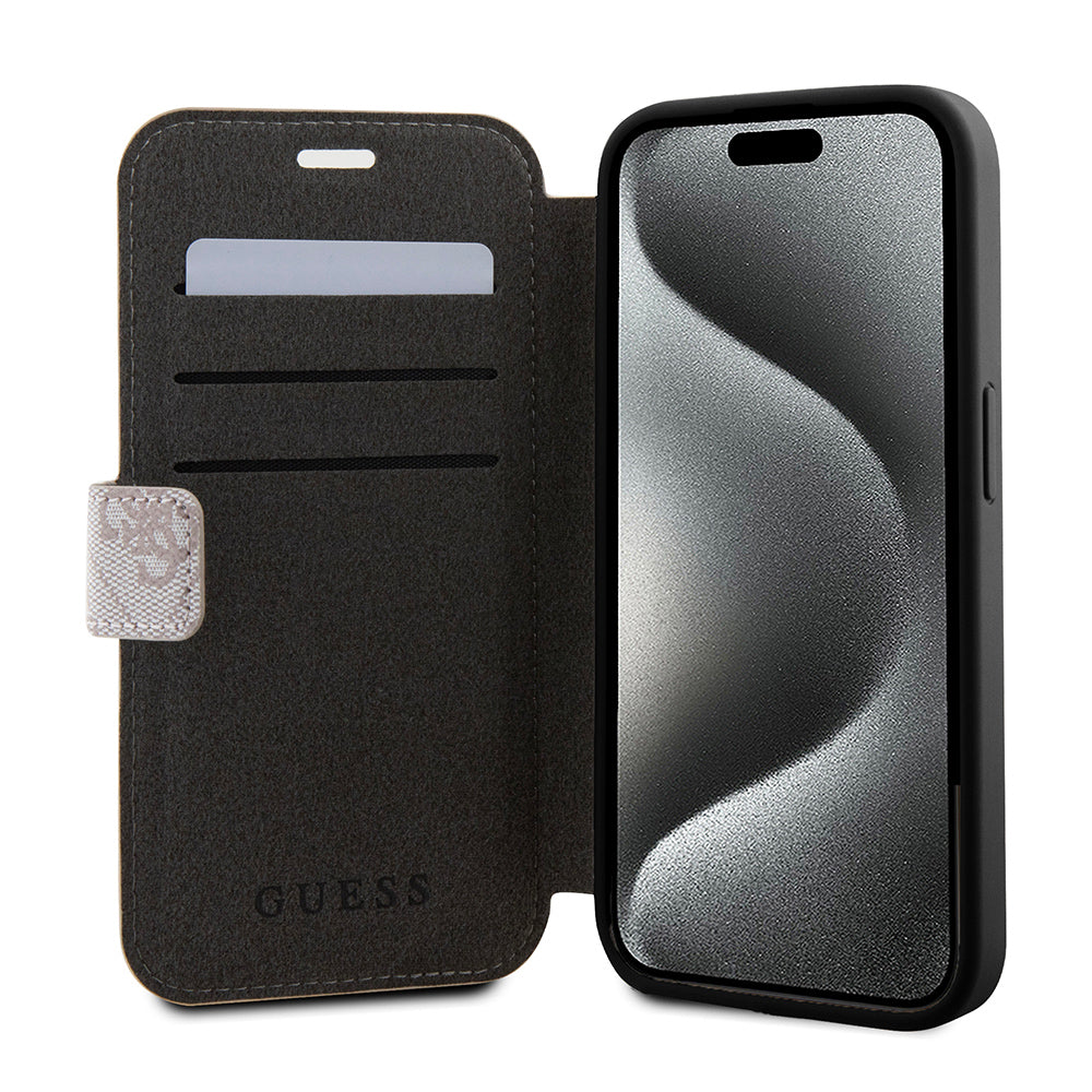 Suojakotelo Apple iPhone 15 Prolle, Guess, 4G Book, Pinkki