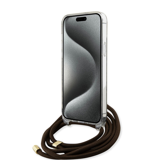 Suojakotelo Apple iPhone 15 Prolle, Guess, Crossbody Cord 4G Print, Ruskea