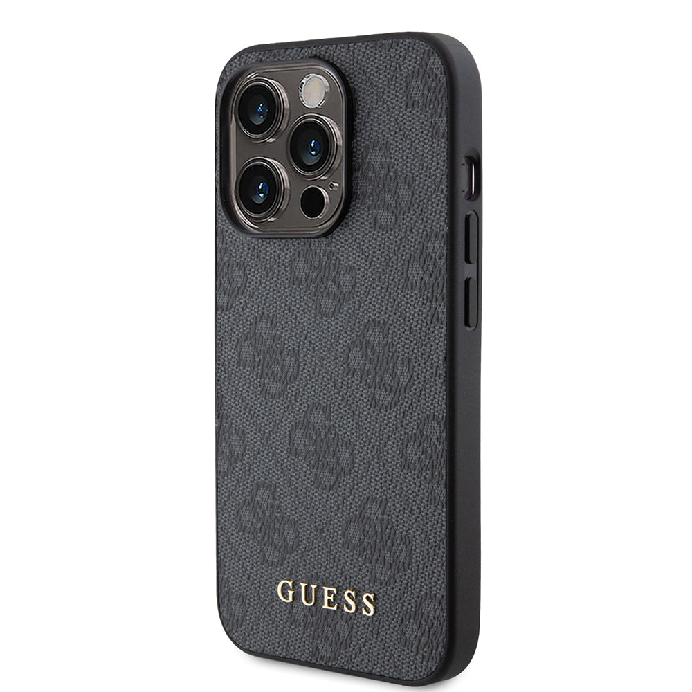 Suojakotelo Apple iPhone 15 Prolle, Guess, 4G Metal Gold Logo, Harmaa