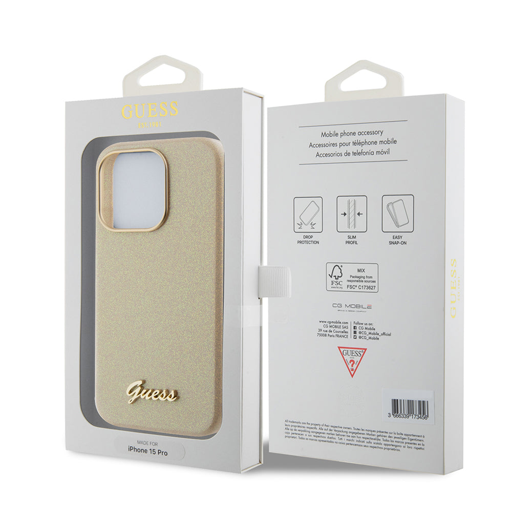 Kotelo Apple iPhone 15 Prolle, Guess, Glitter Glossy Script, Beige
