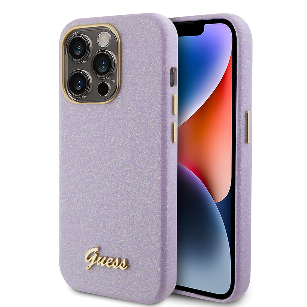 Kotelo Apple iPhone 15 Prolle, Guess, Glitter Glossy Script, Vaaleanvioletti