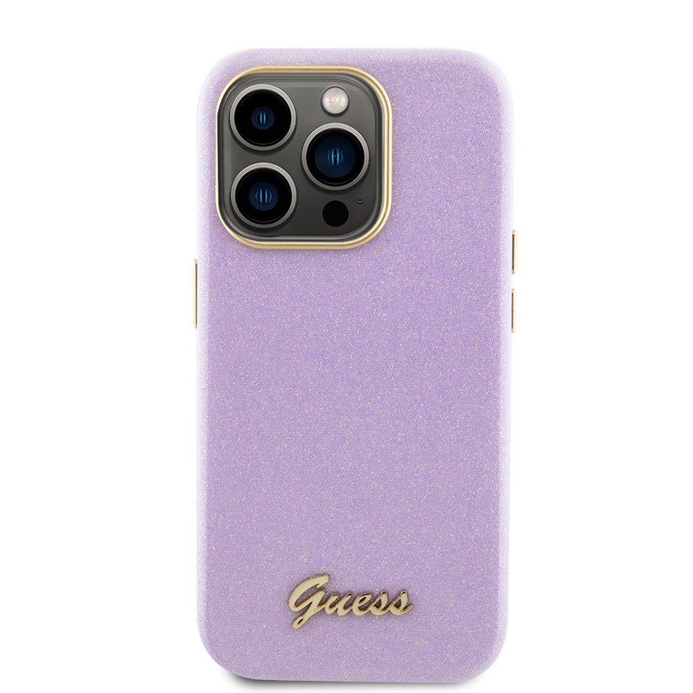Kotelo Apple iPhone 15 Prolle, Guess, Glitter Glossy Script, Vaaleanvioletti
