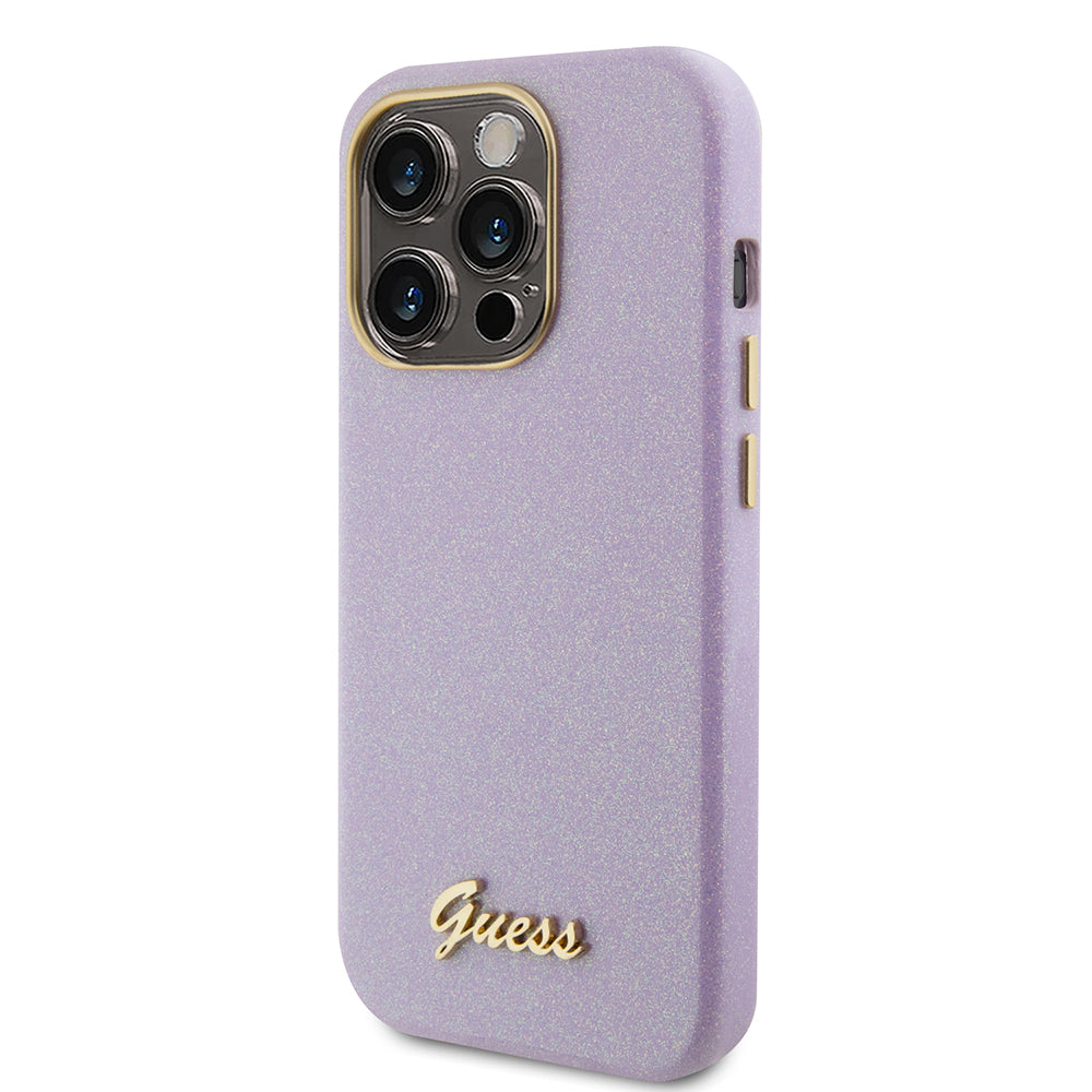 Kotelo Apple iPhone 15 Prolle, Guess, Glitter Glossy Script, Vaaleanvioletti