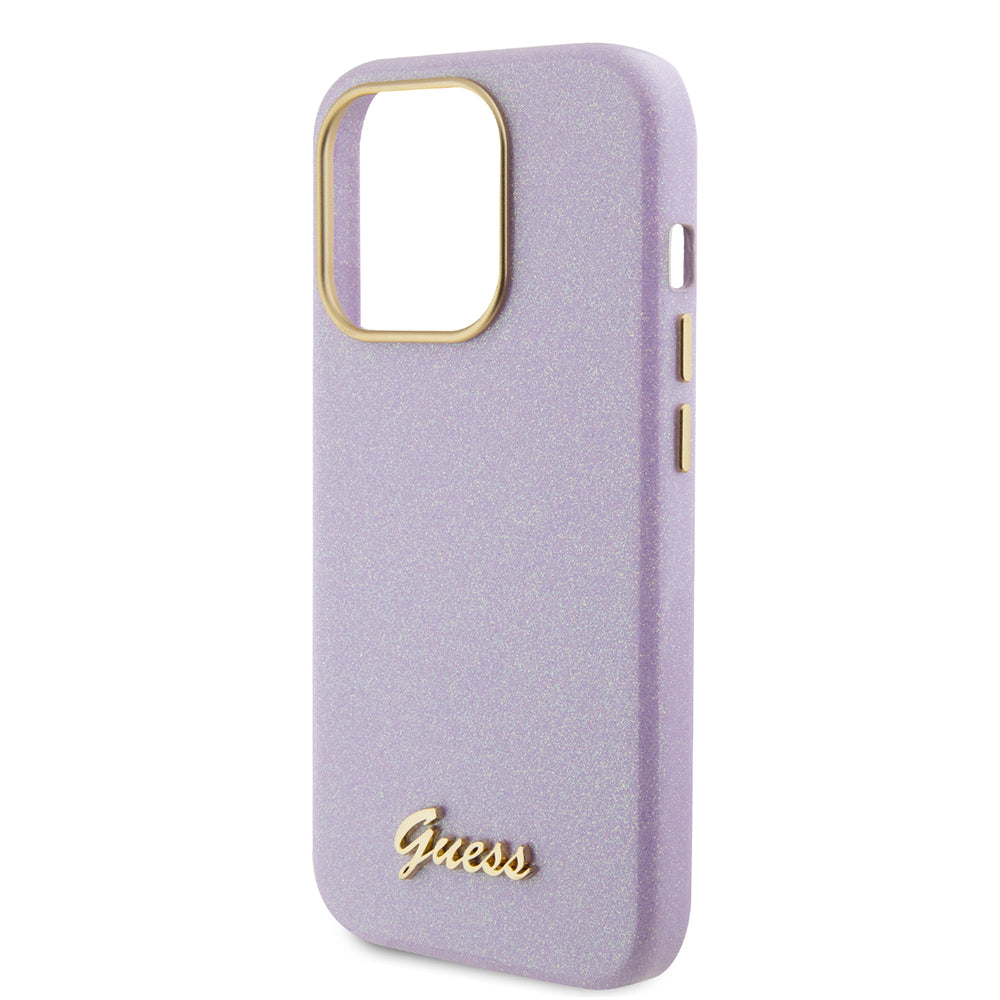 Kotelo Apple iPhone 15 Prolle, Guess, Glitter Glossy Script, Vaaleanvioletti