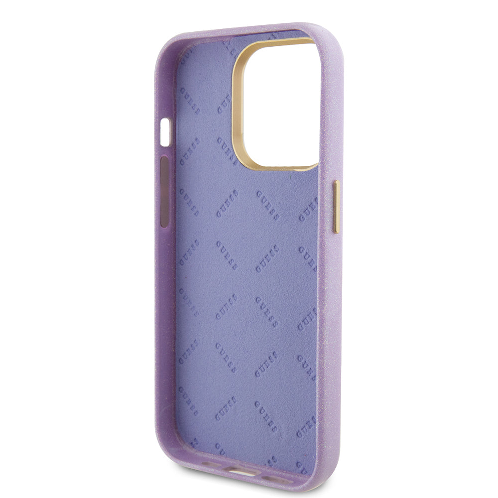 Kotelo Apple iPhone 15 Prolle, Guess, Glitter Glossy Script, Vaaleanvioletti