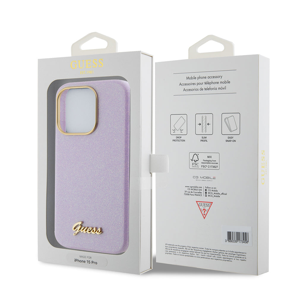 Kotelo Apple iPhone 15 Prolle, Guess, Glitter Glossy Script, Vaaleanvioletti