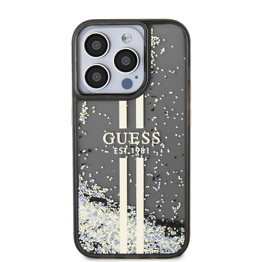 Kotelo Apple iPhone 15 Prolle, Guess, Liquid Glitter Gold Stripe, Musta