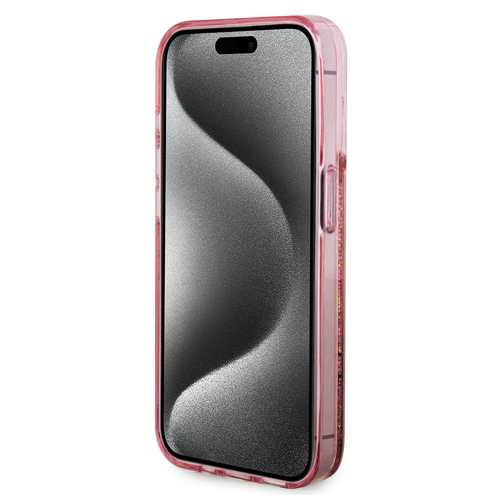 Kotelo Apple iPhone 15 Prolle, Guess, Liquid Glitter Gold Stripes, Pinkki