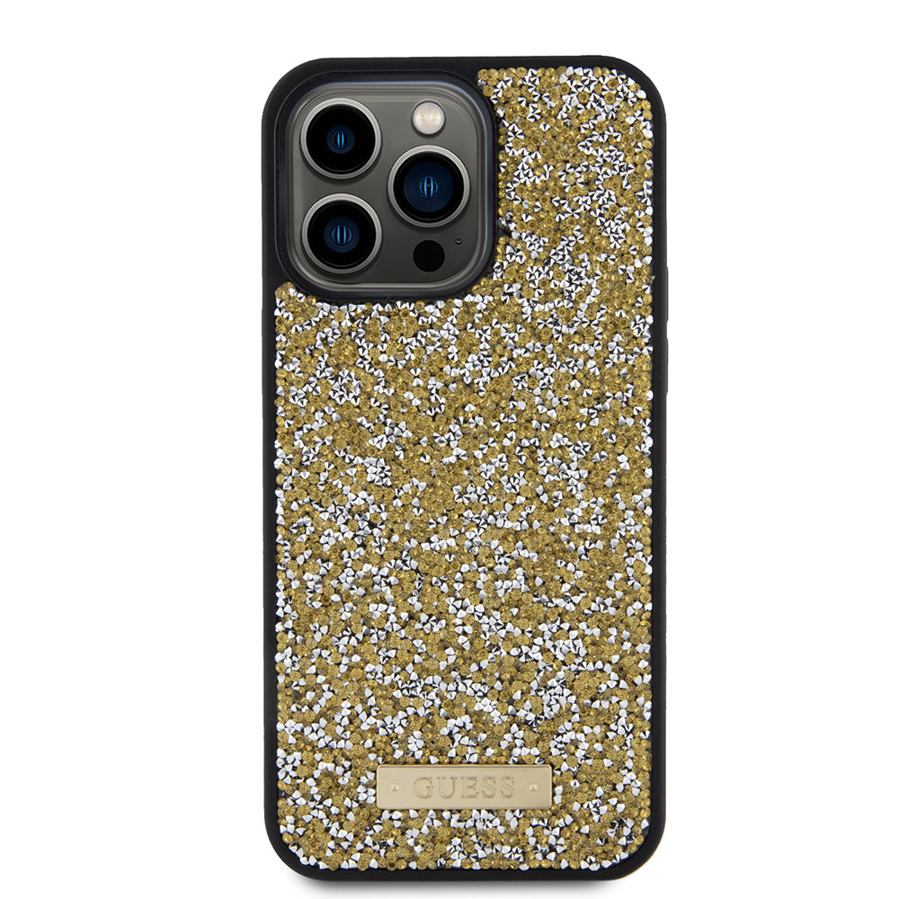 Kotelo Apple iPhone 15 Prolle, Guess, Rhinestone Metal Logo, Keltainen