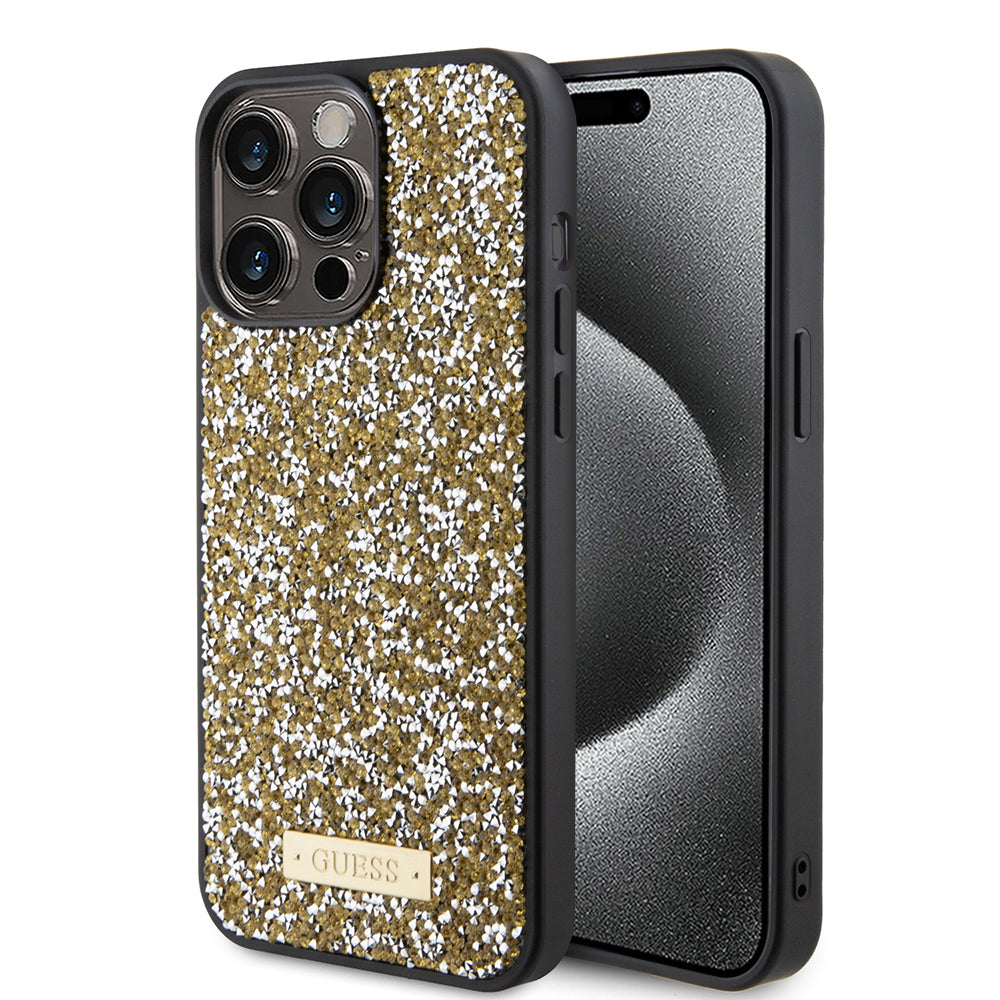 Kotelo Apple iPhone 15 Prolle, Guess, Rhinestone Metal Logo, Keltainen